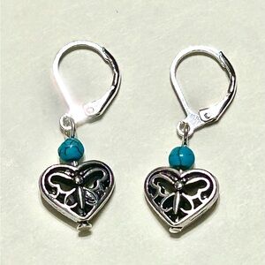 Hand Crafted Silver Heart Earrings with Blue Bead